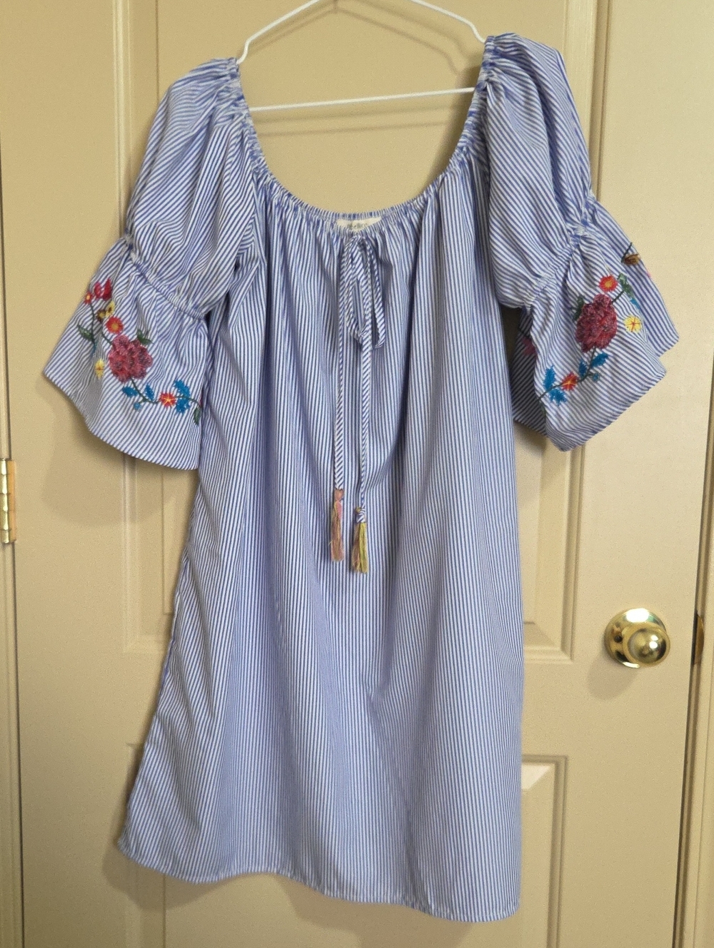 Rebellion Light Blue Striped Off-Shoulder Mini Dress with Floral Embroidery